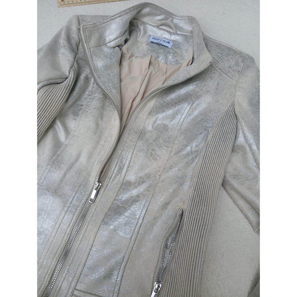 Coco Y Club Metallic Moto Jacket Womens Medium Champagne Gold Silver Excellent